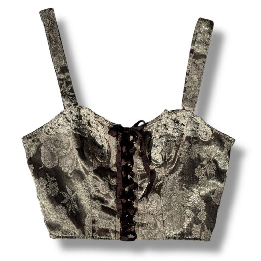 Vintage VICTORIA’s SECRET Floral Jacquard Lace-Up Satin Bustier Crop Tank Top
